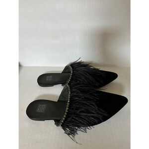 Velvet slides by Whitehouse Black Market Size: 8M black velvet slides with feath